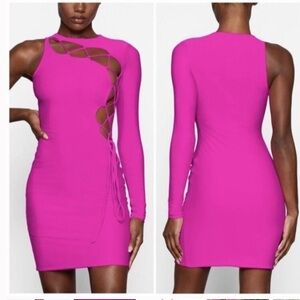 Skims fuchsia hot pink lace up cut off bodycon mini dress